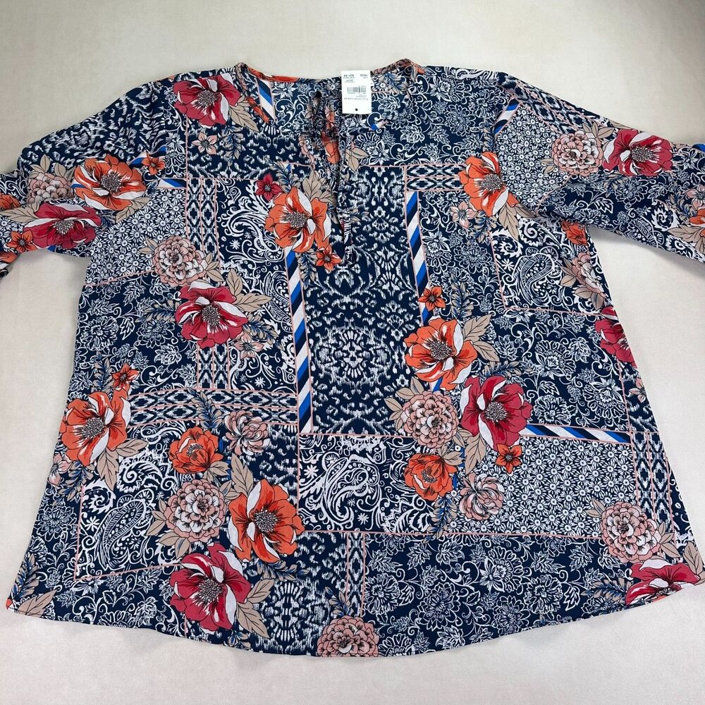EST. 1946 Women's Plus 18/20W Floral Paisley Patchwork Blouse Navy Boho Top